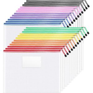imageSooez 24 Pack Mesh Zipper Pouch Bags with Label Pocket A6 9147 in Small Pencil Case Pouch for Organizing Clear Plastic Pencil Pouches Bulk for School Supplies Storage Money Envelopes for CashA3