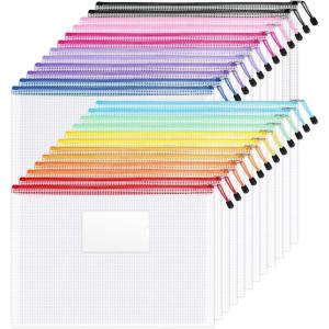 imageSooez 24 Pack Mesh Zipper Pouch Bags with Label Pocket A6 9147 in Small Pencil Case Pouch for Organizing Clear Plastic Pencil Pouches Bulk for School Supplies Storage Money Envelopes for CashB4