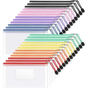 imageSooez 24 Pack Mesh Zipper Pouch Bags with Label Pocket A6 9147 in Small Pencil Case Pouch for Organizing Clear Plastic Pencil Pouches Bulk for School Supplies Storage Money Envelopes for CashA6
