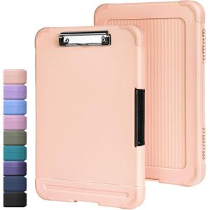 imageSooez Reinforced Clipboard with Storage Inner Plastic Folder Attached Heavy Duty Plastic Clip Boards 85x11 with Pen Holder High Capacity Nursing Clipboard for Teacher Office Home Letter  A4 SizePeach Pink