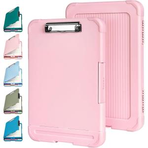 imageSooez Reinforced Clipboard with Storage Inner Plastic Folder Attached Heavy Duty Plastic Clip Boards 85x11 with Pen Holder High Capacity Nursing Clipboard for Teacher Office Home Letter  A4 SizeBaby Pink