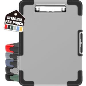 imageSooez Toughest Clipboard with Storage Internal Pen Pouch Included Letter A4 Size Shockproof Heavy Duty Plastic Clip Boards 85x11 High Capacity Clipboards Box Case for Contractor Trucker DriverGrey  Black Corner