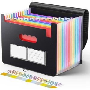 imageSooez Accordion File Organizer 13 Pockets Expanding File Folder Portable Monthly Paper Bill Tax Receipt Organizer Letter A4 Size Document Holder with Blank Labels Black