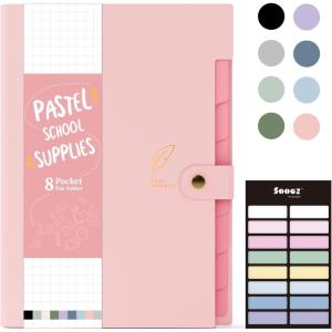 imageSooez Aesthetic 8 Pocket Accordion File Organizer Pastels Expanding File Folder for Important Document with Labels Portable Receipt Bill Organizer for Office School Supplies Letter Size Olive GreenPink
