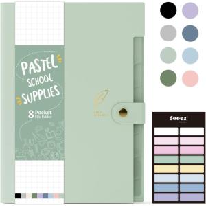 imageSooez Aesthetic 8 Pocket Accordion File Organizer Pastels Expanding File Folder for Important Document with Labels Portable Receipt Bill Organizer for Office School Supplies Letter Size Olive GreenLight Green
