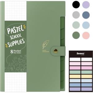 imageSooez Aesthetic 8 Pocket Accordion File Organizer Pastels Expanding File Folder for Important Document with Labels Portable Receipt Bill Organizer for Office School Supplies Letter Size Olive GreenAll Olive Green