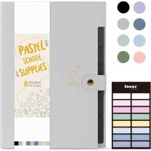 imageSooez Aesthetic 8 Pocket Accordion File Organizer Pastels Expanding File Folder for Important Document with Labels Portable Receipt Bill Organizer for Office School Supplies Letter Size Olive GreenLight Grey