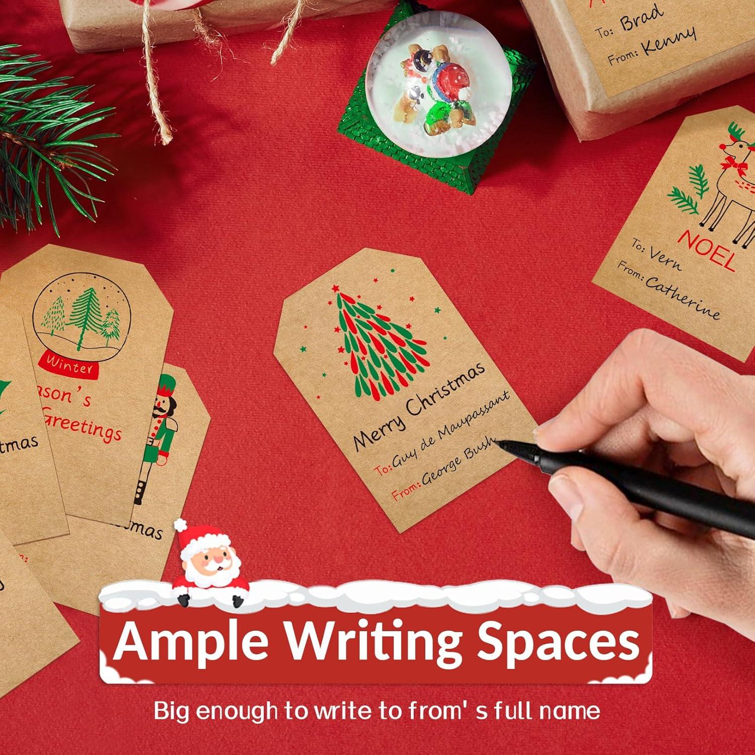 imageSooez Christmas Gift Tags Natural Kraft Gift Stickers for Christmas Presents Self Adhesive to and from Name Tags 120Pcs Xmas Present Labels for Holiday Wrapping Paper 8 Designs 2quot x 3quot GreenStyle1