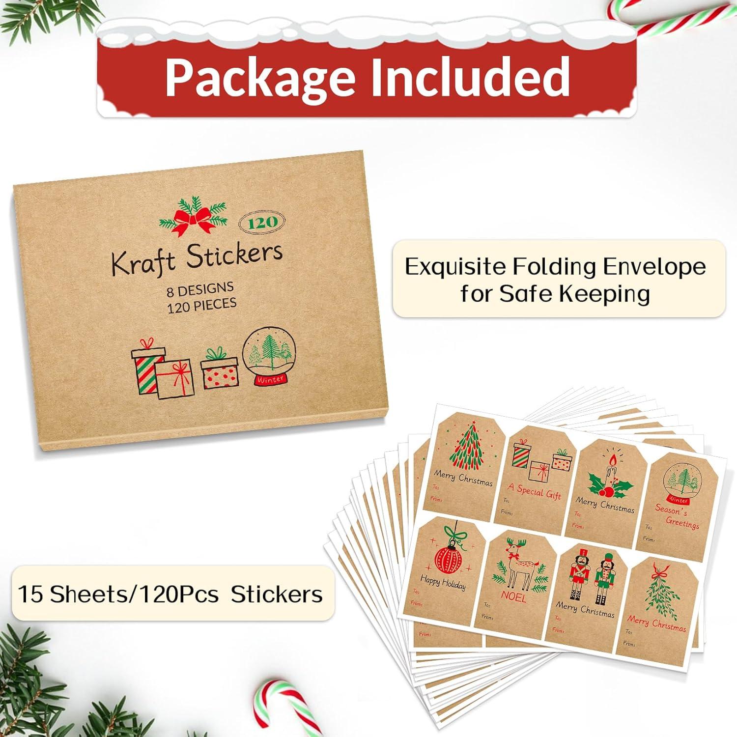 imageSooez Christmas Gift Tags Natural Kraft Gift Stickers for Christmas Presents Self Adhesive to and from Name Tags 120Pcs Xmas Present Labels for Holiday Wrapping Paper 8 Designs 2quot x 3quot GreenStyle1