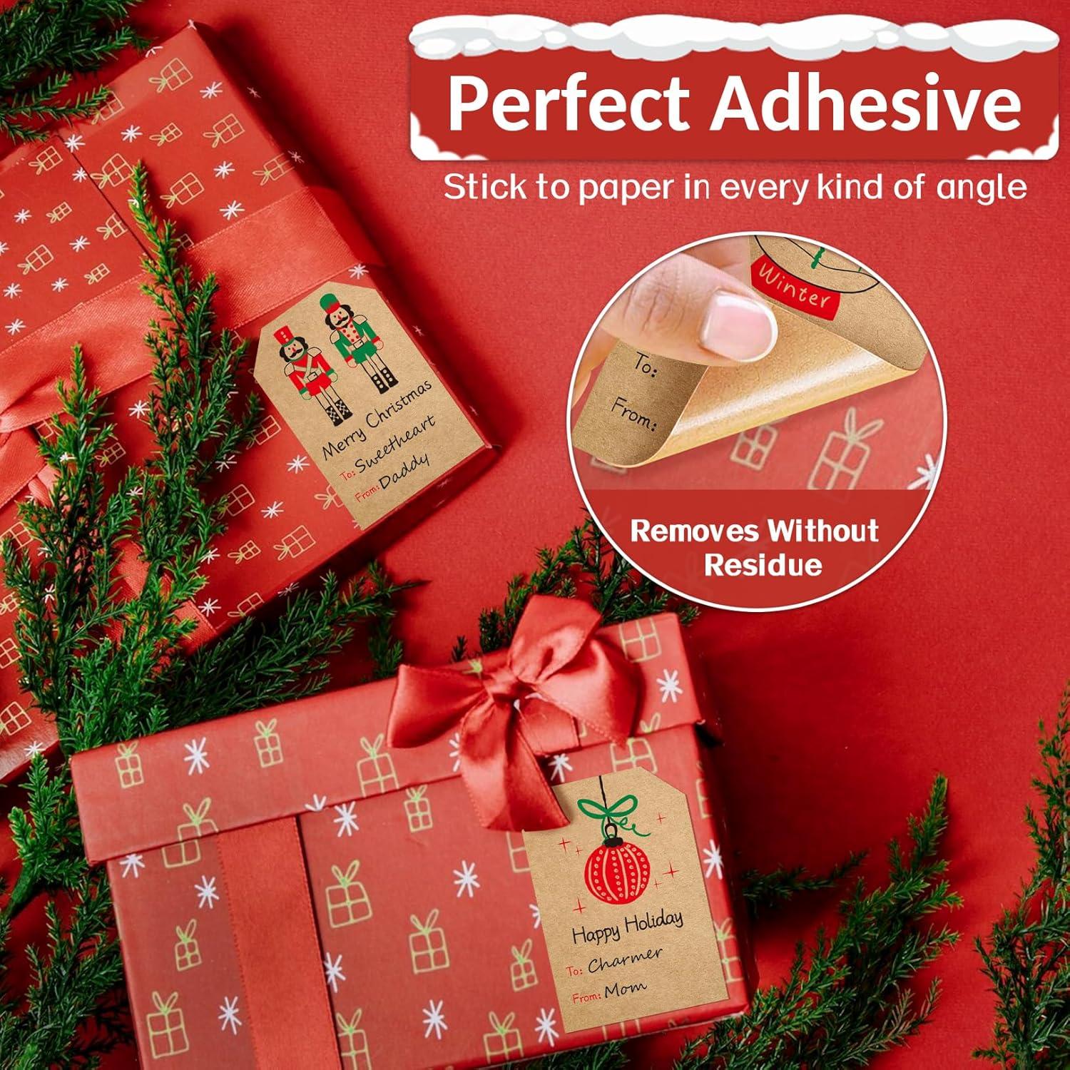 imageSooez Christmas Gift Tags Natural Kraft Gift Stickers for Christmas Presents Self Adhesive to and from Name Tags 120Pcs Xmas Present Labels for Holiday Wrapping Paper 8 Designs 2quot x 3quot GreenStyle1