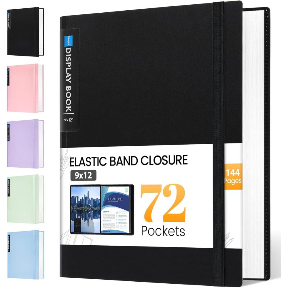 imageSooez Art Portfolio 9quotx12quot 72 Pockets Large Portfolio Folder Display 144 Pages Heavy Duty Binder with Plastic SleevesampampElastic Band Presentation Book with Clear Sheet Protector for Artwork OrganizerBlack