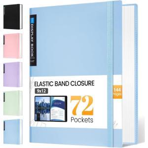 imageSooez Art Portfolio 9quotx12quot 72 Pockets Large Portfolio Folder Display 144 Pages Heavy Duty Binder with Plastic SleevesampampElastic Band Presentation Book with Clear Sheet Protector for Artwork OrganizerBlue