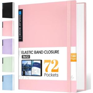 imageSooez Art Portfolio 9quotx12quot 72 Pockets Large Portfolio Folder Display 144 Pages Heavy Duty Binder with Plastic SleevesampampElastic Band Presentation Book with Clear Sheet Protector for Artwork OrganizerPink