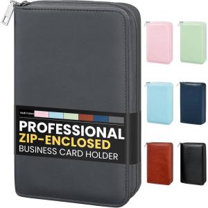 imageSooez ZipEnclosed Business Card Holder Organizer Professional Credit Card Case Book for Women Men 240 Capacity Premium Vegan Leather Gift Card Organizer Storage File Business Card Wallet PinkGrey
