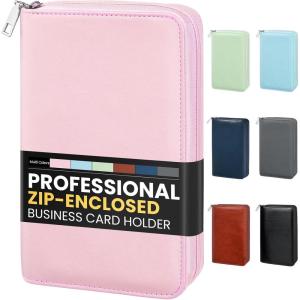 imageSooez ZipEnclosed Business Card Holder Organizer Professional Credit Card Case Book for Women Men 240 Capacity Premium Vegan Leather Gift Card Organizer Storage File Business Card Wallet PinkPink