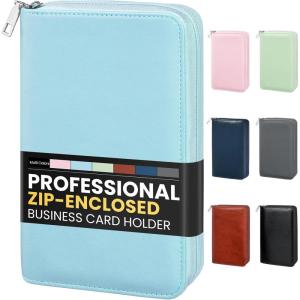 imageSooez ZipEnclosed Business Card Holder Organizer Professional Credit Card Case Book for Women Men 240 Capacity Premium Vegan Leather Gift Card Organizer Storage File Business Card Wallet PinkBlue