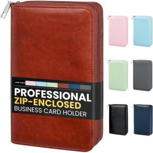 imageSooez ZipEnclosed Business Card Holder Organizer Professional Credit Card Case Book for Women Men 240 Capacity Premium Vegan Leather Gift Card Organizer Storage File Business Card Wallet PinkDark Brown