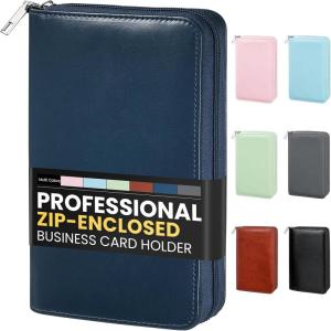 imageSooez ZipEnclosed Business Card Holder Organizer Professional Credit Card Case Book for Women Men 240 Capacity Premium Vegan Leather Gift Card Organizer Storage File Business Card Wallet PinkDark Blue