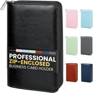 imageSooez ZipEnclosed Business Card Holder Organizer Professional Credit Card Case Book for Women Men 240 Capacity Premium Vegan Leather Gift Card Organizer Storage File Business Card Wallet PinkBlack