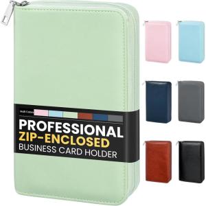 imageSooez ZipEnclosed Business Card Holder Organizer Professional Credit Card Case Book for Women Men 240 Capacity Premium Vegan Leather Gift Card Organizer Storage File Business Card Wallet PinkGreen