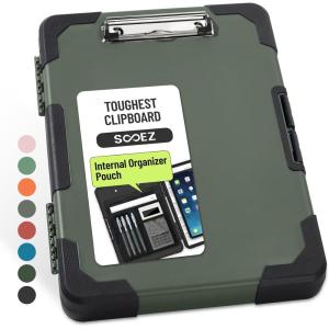 image:imageSooez Toughest Clipboard with Storage Internal Pen Pouch Included Letter A4 Size Shockproof Heavy Duty Plastic Clip Boards 85x11 High Capacity Clipboards Box Case for Contractor Trucker DriverGray Green With Black Corner