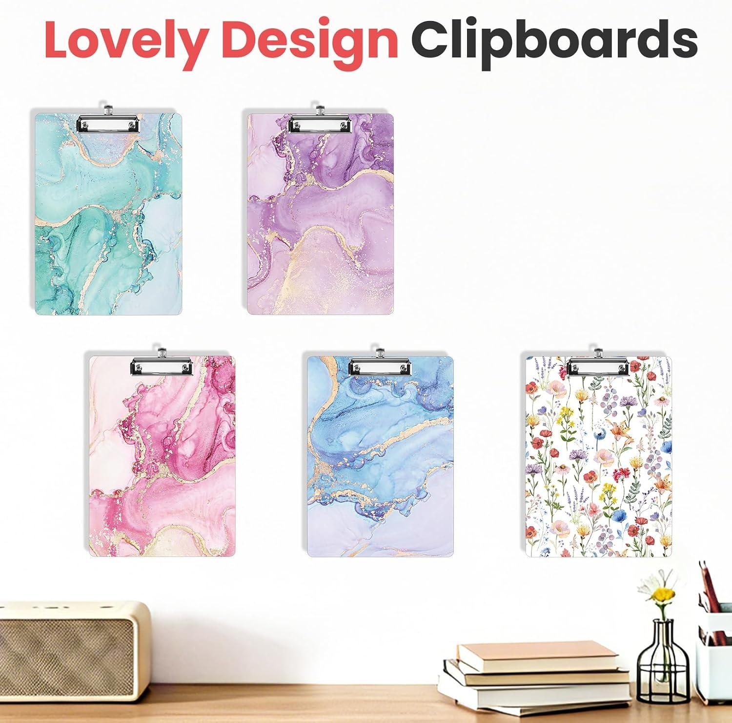 image:imageSooez 2 Pack Clipboard Colored Cardboard Hardboard Clip Boards 85 x 11 Clipboards with Low Profile Clip Cute A4Letter Size Paper Hanging Writing Board for Office Classroom School SuppliesFlower