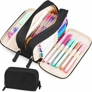image:imageSooez Big Capacity Pencil Case Pen Pouch Soft Corduroy Pencil Bag with 3 Compartment Multiple Pockets Sturdy Zipper Cute School Supplies Pen Bag Organizer For Teen GirlsPink Leopard PrintBlack