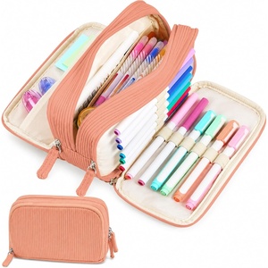 image:imageSooez Big Capacity Pencil Case Pen Pouch Soft Corduroy Pencil Bag with 3 Compartment Multiple Pockets Sturdy Zipper Cute School Supplies Pen Bag Organizer For Teen GirlsPink Leopard PrintOrange