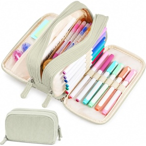 image:imageSooez Big Capacity Pencil Case Pen Pouch Soft Corduroy Pencil Bag with 3 Compartment Multiple Pockets Sturdy Zipper Cute School Supplies Pen Bag Organizer For Teen GirlsPink Leopard PrintGreen