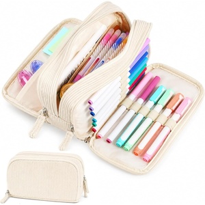 image:imageSooez Big Capacity Pencil Case Pen Pouch Soft Corduroy Pencil Bag with 3 Compartment Multiple Pockets Sturdy Zipper Cute School Supplies Pen Bag Organizer For Teen GirlsPink Leopard PrintBeige