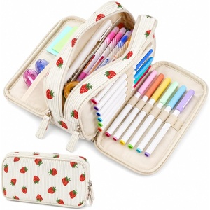 image:imageSooez Big Capacity Pencil Case Pen Pouch Soft Corduroy Pencil Bag with 3 Compartment Multiple Pockets Sturdy Zipper Cute School Supplies Pen Bag Organizer For Teen GirlsPink Leopard PrintWhite Strawberry