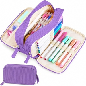image:imageSooez Big Capacity Pencil Case Pen Pouch Soft Corduroy Pencil Bag with 3 Compartment Multiple Pockets Sturdy Zipper Cute School Supplies Pen Bag Organizer For Teen GirlsPink Leopard PrintPurple